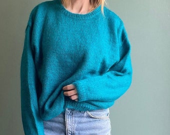 Vintage 80s Teal Mohair Sweater/ A.K.F. New York Bright Blue Fuzzy Knit Sweater