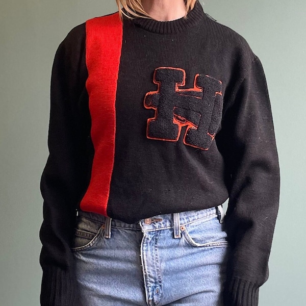 Vintage 70s 80s Cheerleader Sweater / Letterman Varsity Cheerleader Outfit / H Preppy School Cropped Sweater