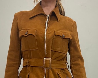 vtg 70s Brown Felted Jacket: Vintage Western Hippie Belted Coat
