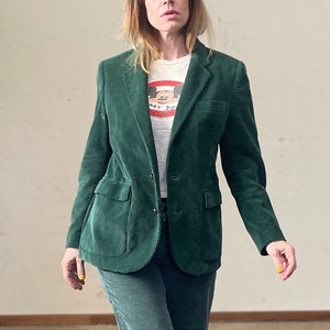 Vintage 70s Green Corduroy Blazer Jacket / Professor Style Patched Elbows Fitted Jacket / Made in Yugoslavia Soft Green Jacket