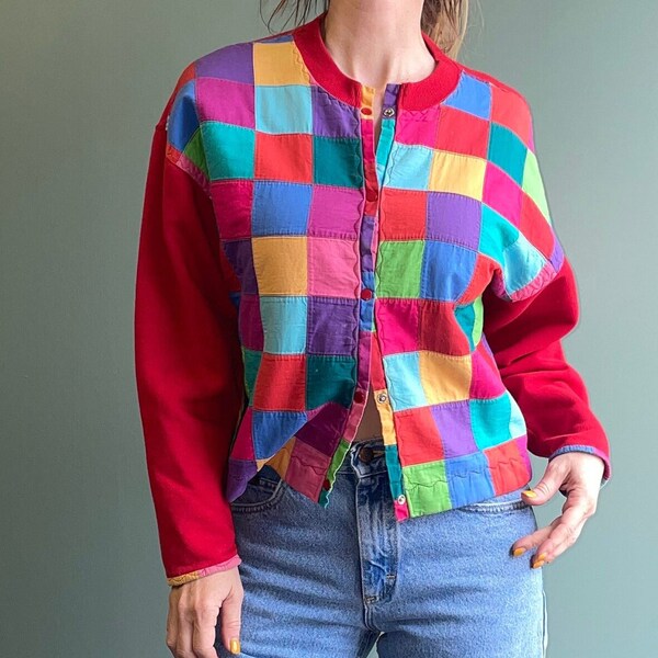 Vintage 90s Patchwork Sweatshirt / Repurposed Multicolor Rainbow Sweater / Quiltwork Geometric Squares Sweater / Repurposed Sweater