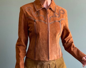 Vintage 80s 90s Cripple Creek Brown Leather Zip Up Jacket / Studded Suede / Studded Leather Embroidered Jacket