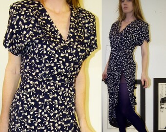 Vintage 80s Bow Tie Print Dress / Navy Blue Rayon All Over Print Button Up Dress