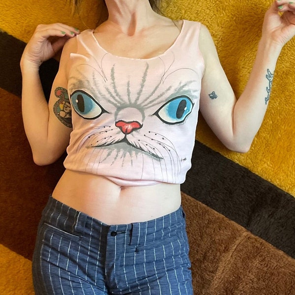 Vtg 70s cat face print tank top pink & blue fitted crop top midriff baby tee summer streetwear animal face furry friend lover