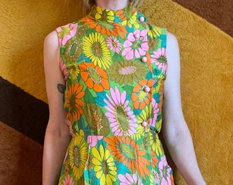 Vintage 60s Alex Colman jumpsuit maxi dress psychedelic floral palazzo pants cotton pantsuit dress neon retro groovy