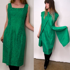 Vintage 60s Satin Brocade Skirt /& Shell Asian Floral 2 Piece Jewel Tone Green Blue Embroidered Dress Set