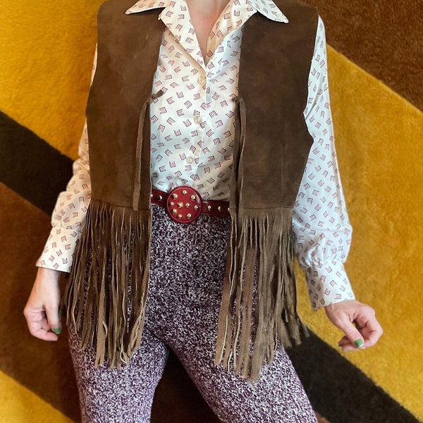 Vintage 70s brown suede fringe vest hippie western chocolate leather retro vest