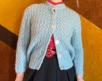 vtg 60s ice blue mohair cardigan big button pastel knit fuzzy sweater preppy rockabilly grunge retro medium button up sweater