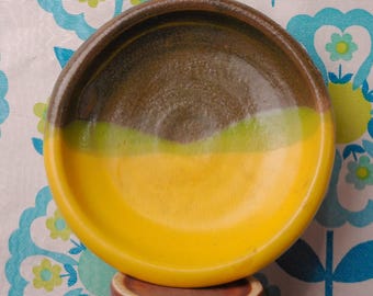 vtg 1970s Retro Green Sunset Ceramic Dish, Ring Holder