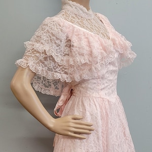 vtg 80s LACE BALL GOWN // vintage size 9/10 coquette bows pink ribbons cape sleeve sheer elegant full length cupcake princess formal prom