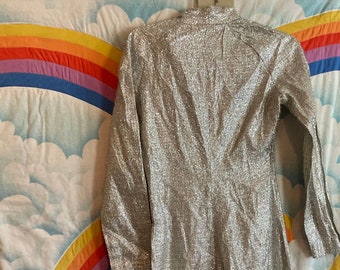 vtg 70s silver tinsel jumpsuit *NEEDS REPAIR david bowie glam space age retro flare leg catsuit