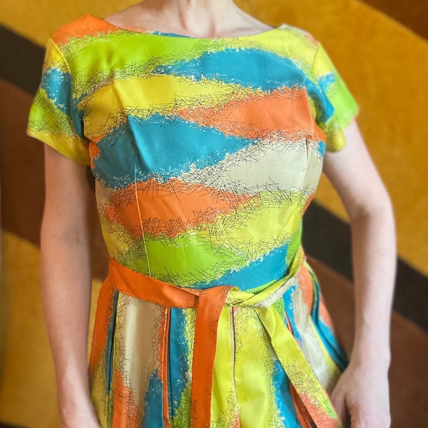 vtg 50s abstract geometric splatter print dress neon detailed belted spring summer bright mod preppy acetate midi pleated skirt funky party