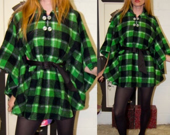 Vintage 70s green and black plaid poncho cape dress hippie boho