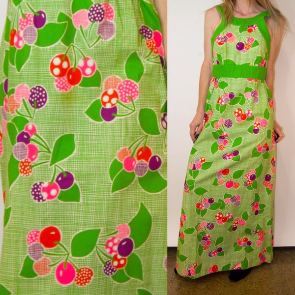 Jahrgang 1960 PSYCHEDELIC CHERRY Druck Neon Mod HALTER Maxi Kleid