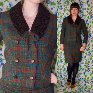 Vintage 1950's Mirramode 2 PIECE Green Pink & Blue PLAID Persian Lamb WOOL Mod Dress Pencil Skirt Suit image 1