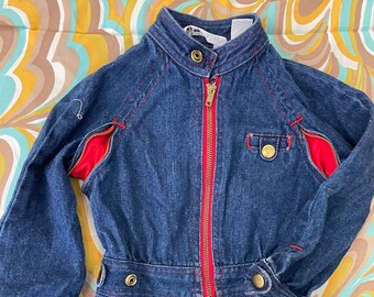 Vintage 80s kids size 4 two tone denim jumpsuit retro toddler overalls coveralls one piece jean jumpsuit contrast hipster members only baby