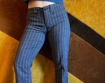 Vintage 70s pantalones de tiro bajo a rayas blancas azules sin dobladillo pierna acampanada hippe pantalones de corte de bota de pierna ancha occidental