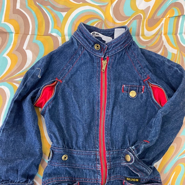 Vintage 80s kids size 4 two tone denim jumpsuit retro toddler overalls coveralls one piece jean jumpsuit contrast hipster members only baby