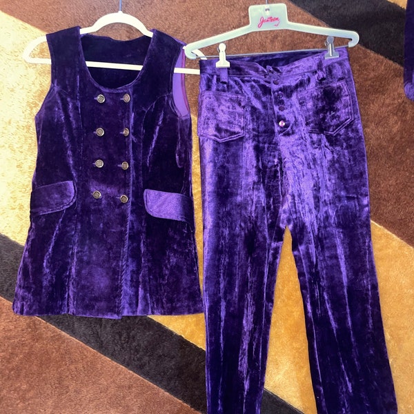 3 piece purple velvet pants waistcoat & mini skirt plush soft flare pants mod mini skirt 60s waistcoat pantsuit set retro mod rare true vtg