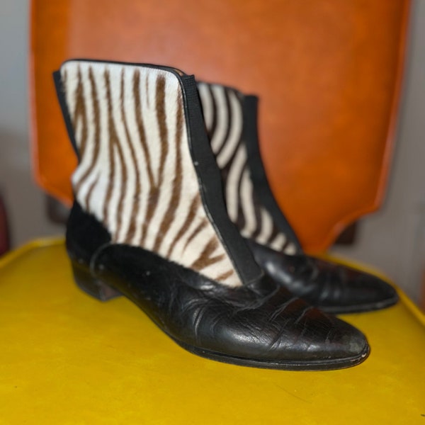 Vintage 80s ZEBRA PRINT Ankle Boots / Furry striped Beatle boot pony fur fuzzy booties pointy toe sleek chic fashion boots