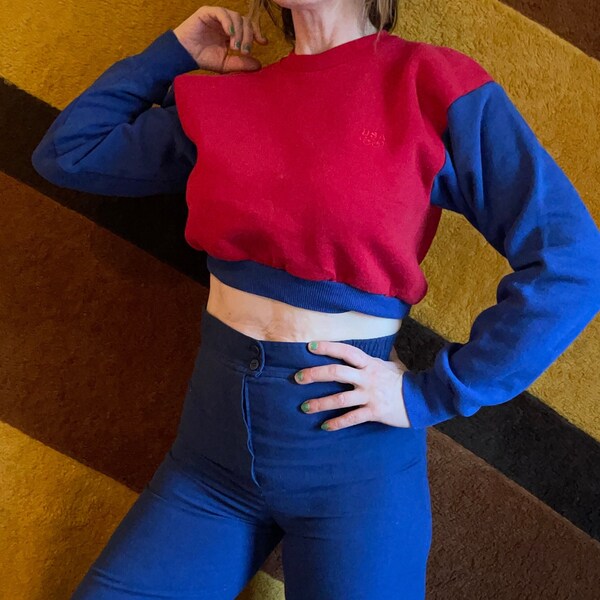 vtg 80s 90s red & blue two toned cropped sweatshirt embroidered USA olympics long sleeve crop top midriff youth large baby tee