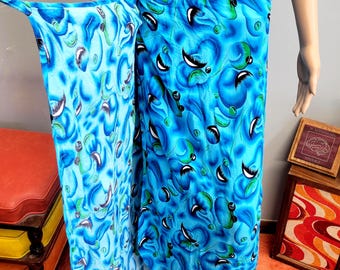 vtg 80s Swimsuit Cover Up Maxi Skirt, Tie Dye Batik Rayon Tiki Style