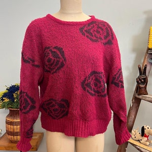 Vintage 80s Magenta Rose Sweater: Fuzzy Floral Knit, Large