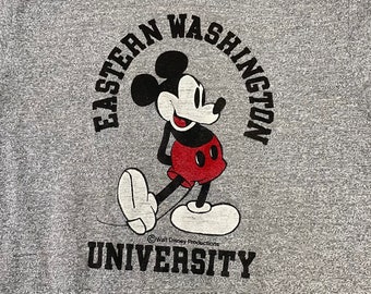 Vintage 70s mickey youth large gray Eastern Washington University disney t shirt baby tee kids 10/12 crop top collegiate pacific soft thin