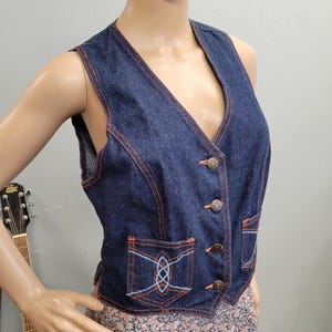 Vtg 70s Denim Vest: Vintage Embroidered Western Hippie Autumn Boho Jean Vest Medium Womens Dark Wash Jean Crop Top Deep Vee Fall Layers
