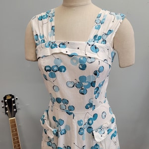 Vintage 50s Blue Cherry Print Cotton Dress - Princess Peggy Fit & Flare