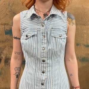 Vintage 90s Pinstripe Denim Mini Dress - Sleeveless Button Up