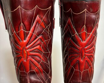 Vtg 70s SPIDER WEB BOOTS Insane Tooled Red Leather Spider Pattern Calf High Round Toe Wooden Platforms Cowboy Western Rodeo Queen Grail Etsy