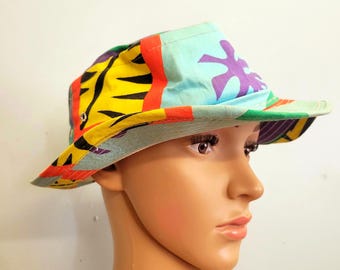 vtg 60s PSYCHEDELIC BUCKET HAT, Tropical Pastel Retro Spring Cap