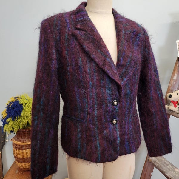 Blazer vintage de mohair morado de los años 80: Chaqueta a rayas multicolor de Gantos