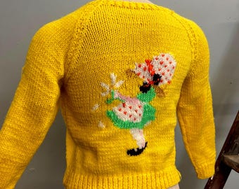 vtg 60er Jahre COWICHAN Strickjacke, Holly Hobbie bestickter PUPPEN Frühlingspullover