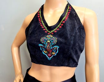 vtg 70s Embroidered Suede Crop Top, Hippie Glam Festival Style