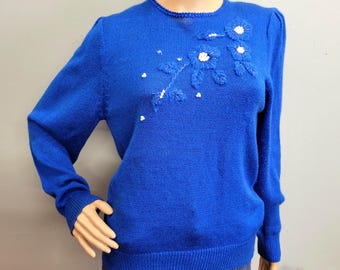 Vintage 80s Blue Floral Embroidered Beaded Sweater: Andrea Gayle Small Pullover