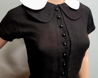 vtg 60s Double Pan Collared Black & White Fit N Flare, Mod Goth Midi Dress