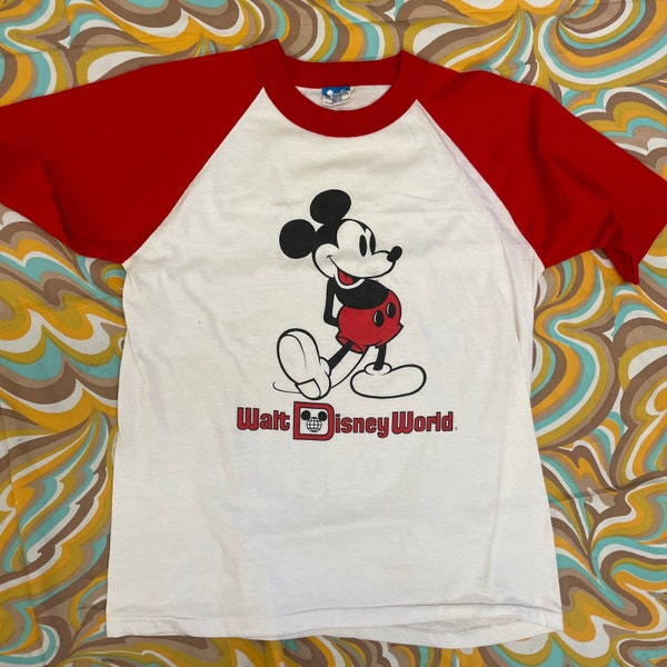 Vintage 80s MICKEY MOUSE Raglan Walt Disney World graphic tee cartoon shirt florida vacation red ringer baseball shirt