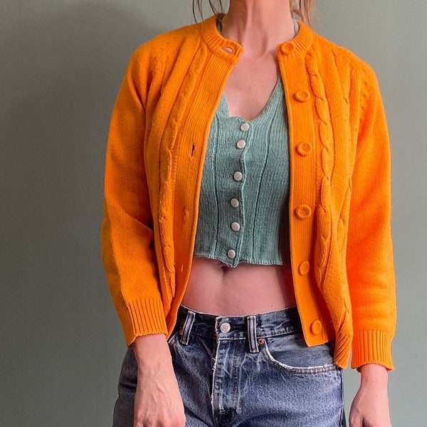 Vintage 60s 70s Orange Cable Knit Cardigan / Bright Neon Orange Sweater / Granny Grunge Rockabilly Sweater