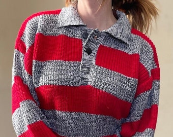 Vintage 80s Red & Grey Striped Sweater / Slouchy Collared Button up Sweater / 90s Grunge Jumper