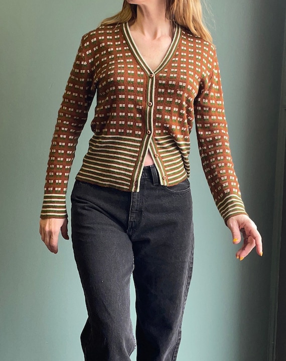 Vintage 70s White Stag Cardigan Brown Green Button up Cardigan