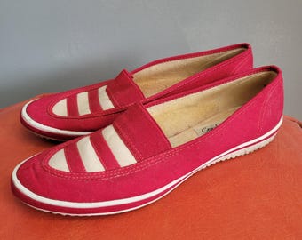 Vintage 70s Striped Red Canvas Sneakers - Grasshoppers by Keds Size 9 Womens