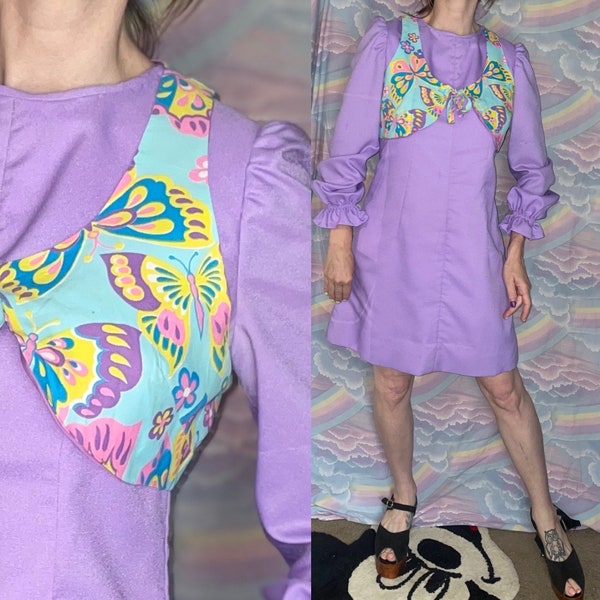 Vintage 70s Mod Butterfly Vested Mini Dress / Pastel Lavender Purple Dress / 60s Psychedelic Dress