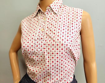 Blusa de verano vintage de los años 50 con cuello puntiagudo, camisa rockabilly con estampado original.