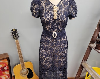 1930s Vintage Navy Lace Dress: Beaded Floral, Puffed Sleeve, Midi