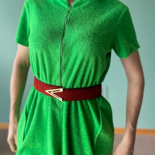 Vintage 70s Bright Green TERRY CLOTH Mini Dress  Mod Tent Dress loose fit dress with pockets bright neon green towel dress fuzzy textured