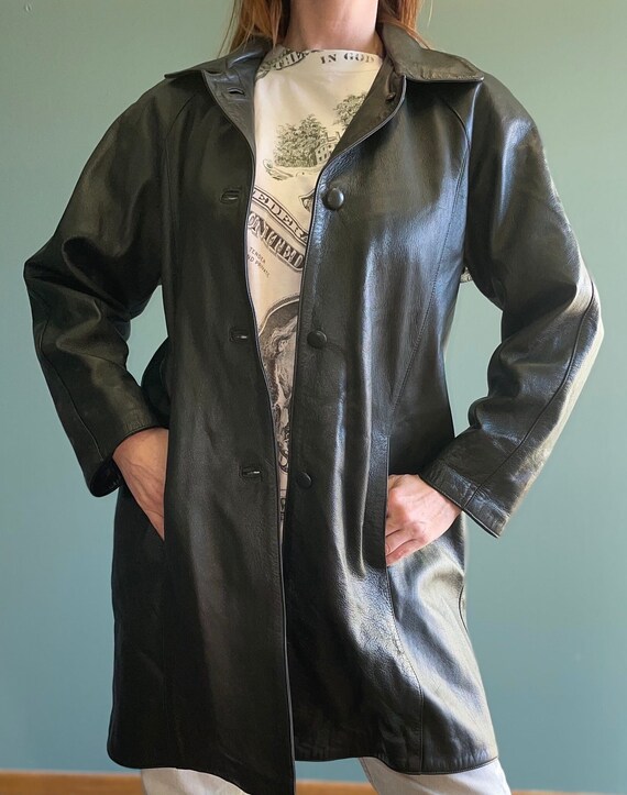 Vintage 70s 80s Green Leather Jacket / Long Leather … Gem