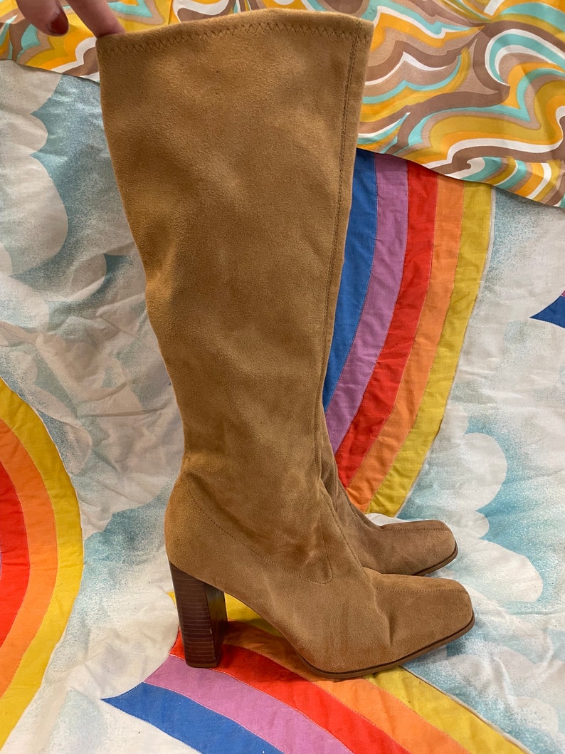 vtg 90s CANDIE'S BOOTS wooden heel stacked platforms side zip calf high chunky heels 70s style retro knee high high heel boho western 9 image 10