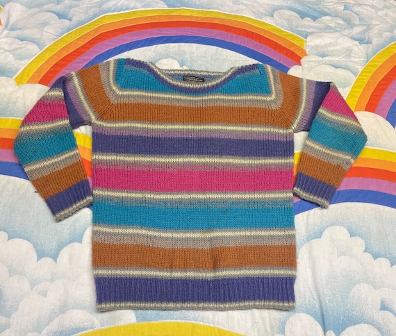 Vintage 1980s Striped Fuzzy Sweater // 80s Rainbo… - image 1
